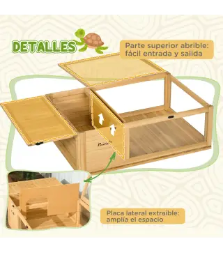 Casa para Tortugas de Madera con Techo de Malla y Paneles Laterales Transparentes Extraíbles 91x60,5x32 cm Natural