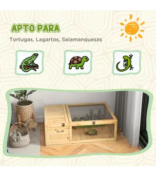 Casa para Tortugas de Madera con Techo de Malla y Paneles Laterales Transparentes Extraíbles 91x60,5x32 cm Natural