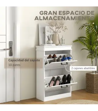 Zapatero Estrecho con 2 Cajones Abatibles Zapatero Entrada Recibidor con Estantes Ajustables para 10 Pares Blanco