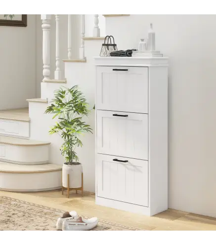 Zapatero Estrecho con 3 Puertas Abatibles Estantes Ajustables para 15 Pares de Zapatos Blanco