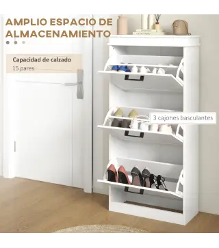 Zapatero Estrecho con 3 Puertas Abatibles Estantes Ajustables para 15 Pares de Zapatos Blanco