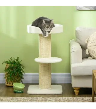 Árbol para Gatos Altura 91 cm de 3 Niveles con Nido Plataforma y Poste de Sisal 45x45x91 cm Crema