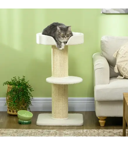 Árbol para Gatos Altura 91 cm de 3 Niveles con Nido Plataforma y Poste de Sisal 45x45x91 cm Crema