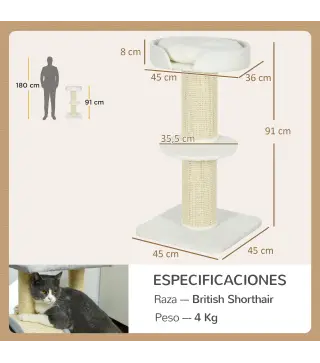 Árbol para Gatos Altura 91 cm de 3 Niveles con Nido Plataforma y Poste de Sisal 45x45x91 cm Crema