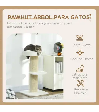 Árbol para Gatos Altura 91 cm de 3 Niveles con Nido Plataforma y Poste de Sisal 45x45x91 cm Crema