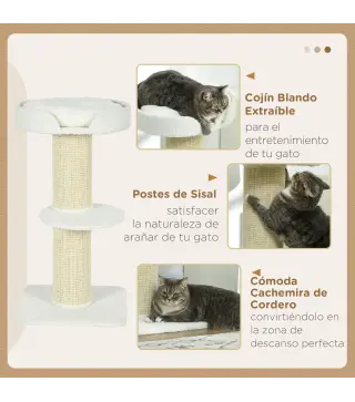 Árbol para Gatos Altura 91 cm de 3 Niveles con Nido Plataforma y Poste de Sisal 45x45x91 cm Crema