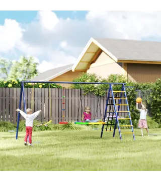 Conjunto de Columpios 6 en 1 para Niños con Nido Escalera Red para Escalar Canasta 350x183x200 cm Multicolor