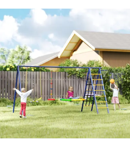 Conjunto de Columpios 6 en 1 para Niños con Nido Escalera Red para Escalar Canasta 350x183x200 cm Multicolor