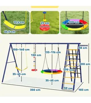 Conjunto de Columpios 6 en 1 para Niños con Nido Escalera Red para Escalar Canasta 350x183x200 cm Multicolor