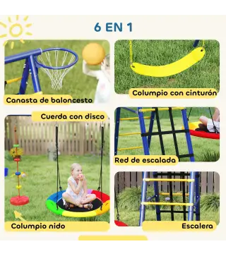 Conjunto de Columpios 6 en 1 para Niños con Nido Escalera Red para Escalar Canasta 350x183x200 cm Multicolor