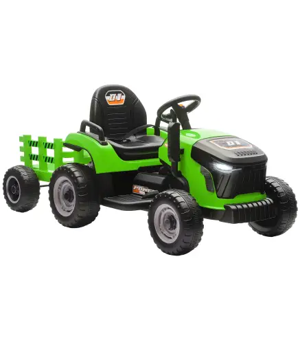 Tractor Eléctrico para Niños con Remolque Desmontable Batería 12V Velocidad 3-5 km/h, Control Remoto 2,4G Verde