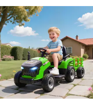 Tractor Eléctrico para Niños con Remolque Desmontable Batería 12V Velocidad 3-5 km/h, Control Remoto 2,4G Verde