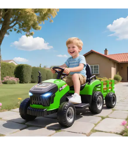 Tractor Eléctrico para Niños con Remolque Desmontable Batería 12V Velocidad 3-5 km/h, Control Remoto 2,4G Verde