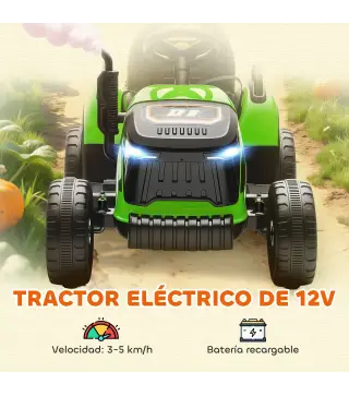 Tractor Eléctrico para Niños con Remolque Desmontable Batería 12V Velocidad 3-5 km/h, Control Remoto 2,4G Verde