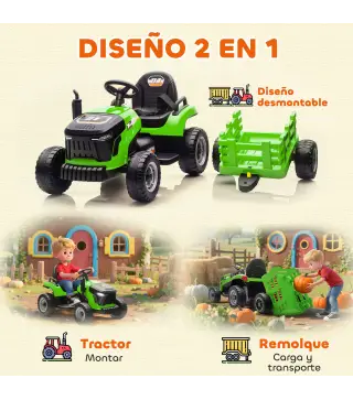 Tractor Eléctrico para Niños con Remolque Desmontable Batería 12V Velocidad 3-5 km/h, Control Remoto 2,4G Verde