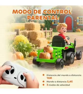 Tractor Eléctrico para Niños con Remolque Desmontable Batería 12V Velocidad 3-5 km/h, Control Remoto 2,4G Verde