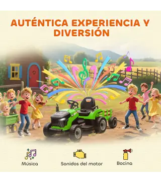 Tractor Eléctrico para Niños con Remolque Desmontable Batería 12V Velocidad 3-5 km/h, Control Remoto 2,4G Verde