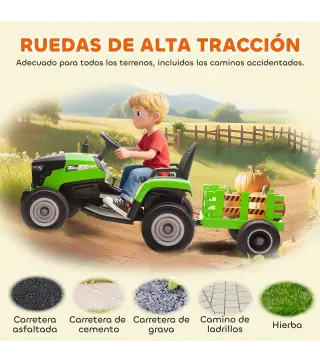 Tractor Eléctrico para Niños con Remolque Desmontable Batería 12V Velocidad 3-5 km/h, Control Remoto 2,4G Verde