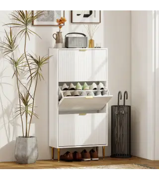 Zapatero Estrecho con 3 Puertas Acanaladas con Estantes Ajustables para 18 Pares de Zapatos 60x24x122,5 cm Blanco