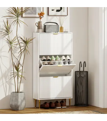 Zapatero Estrecho con 3 Puertas Acanaladas con Estantes Ajustables para 18 Pares de Zapatos 60x24x122,5 cm Blanco