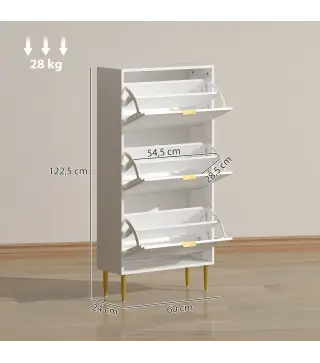 Zapatero Estrecho con 3 Puertas Acanaladas con Estantes Ajustables para 18 Pares de Zapatos 60x24x122,5 cm Blanco