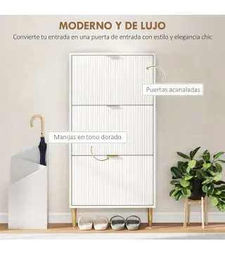 Zapatero Estrecho con 3 Puertas Acanaladas con Estantes Ajustables para 18 Pares de Zapatos 60x24x122,5 cm Blanco