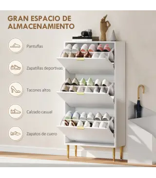 Zapatero Estrecho con 3 Puertas Acanaladas con Estantes Ajustables para 18 Pares de Zapatos 60x24x122,5 cm Blanco