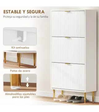 Zapatero Estrecho con 3 Puertas Acanaladas con Estantes Ajustables para 18 Pares de Zapatos 60x24x122,5 cm Blanco