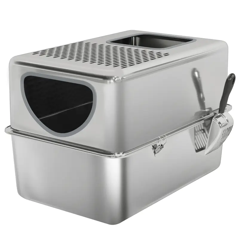 Arenero para Gatos de Acero Inoxidable XL Arenero con Pala Aberturas Dobles Fácil de limpiar Plata