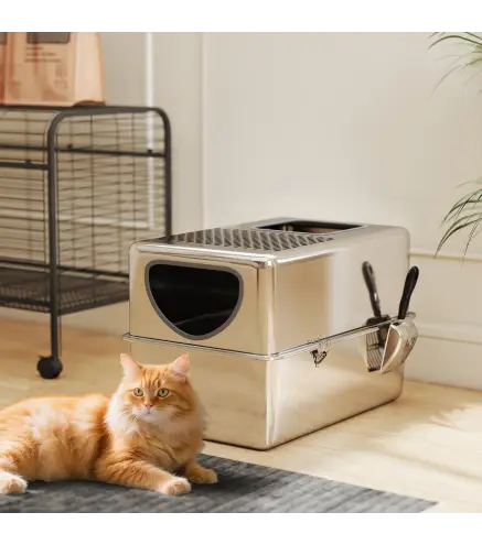 Arenero para Gatos de Acero Inoxidable XL Arenero con Pala Aberturas Dobles Fácil de limpiar Plata