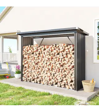 Casetilla para Leña de Acero Galvanizado con Base Elevada y Techo Inclinado 213x66,5x150 cm Gris Oscuro