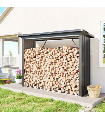 Casetilla para Leña de Acero Galvanizado con Base Elevada y Techo Inclinado 213x66,5x150 cm Gris Oscuro