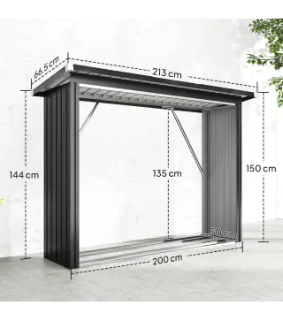 Casetilla para Leña de Acero Galvanizado con Base Elevada y Techo Inclinado 213x66,5x150 cm Gris Oscuro