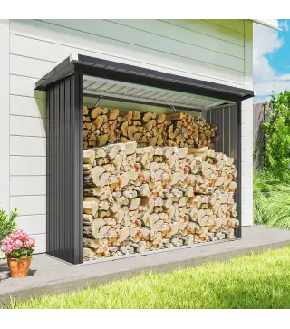 Casetilla para Leña de Acero Galvanizado con Base Elevada y Techo Inclinado 213x66,5x150 cm Gris Oscuro