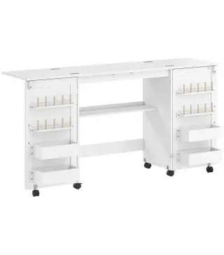 Mesa de Costura Plegable con 6 Ruedas 20 Clavijas para Hilos 4 Compartimentos Estante Blanco