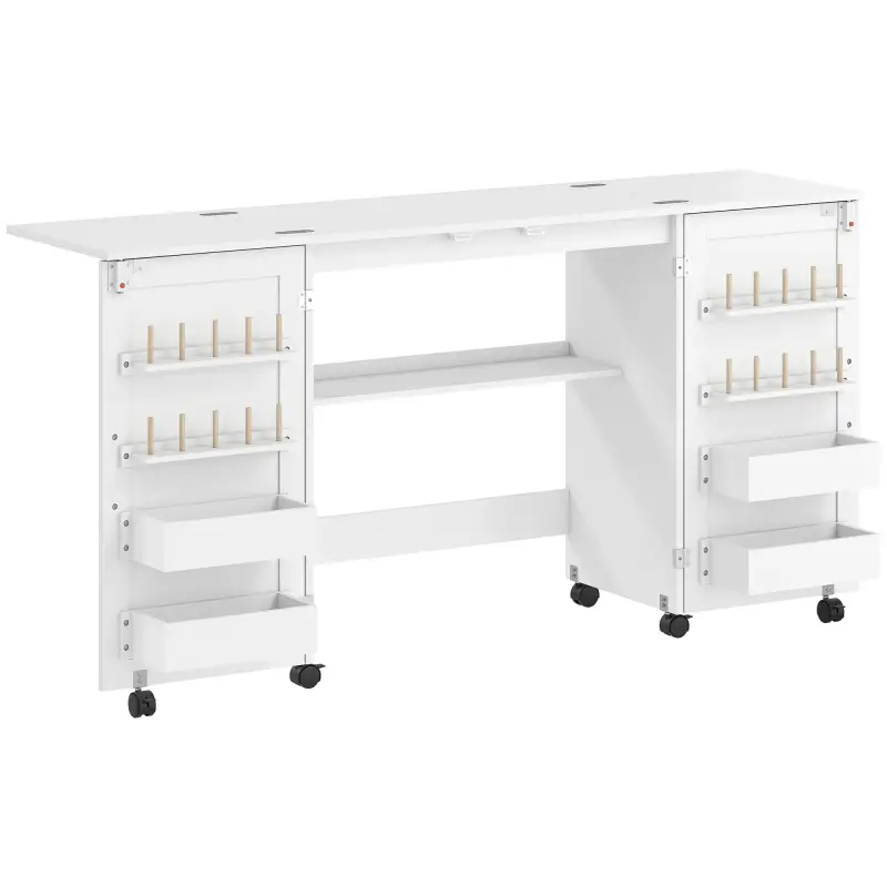 Mesa de Costura Plegable con 6 Ruedas 20 Clavijas para Hilos 4 Compartimentos Estante Blanco