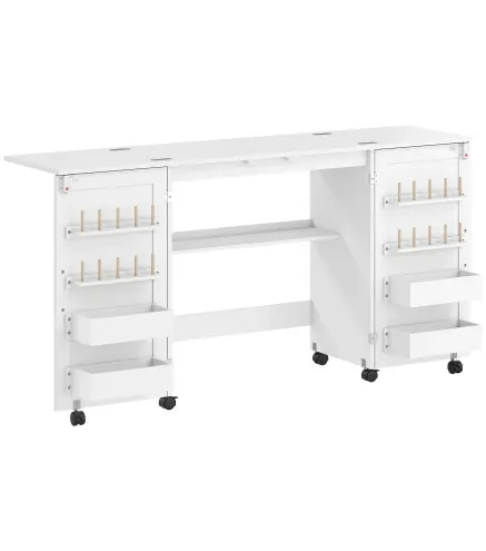 Mesa de Costura Plegable con 6 Ruedas 20 Clavijas para Hilos 4 Compartimentos Estante Blanco