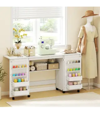 Mesa de Costura Plegable con 6 Ruedas 20 Clavijas para Hilos 4 Compartimentos Estante Blanco
