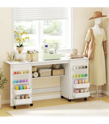 Mesa de Costura Plegable con 6 Ruedas 20 Clavijas para Hilos 4 Compartimentos Estante Blanco