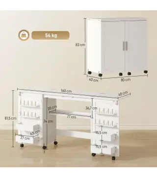 Mesa de Costura Plegable con 6 Ruedas 20 Clavijas para Hilos 4 Compartimentos Estante Blanco