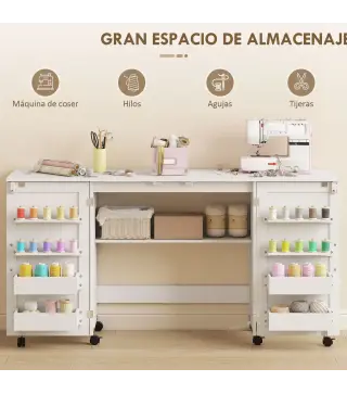 Mesa de Costura Plegable con 6 Ruedas 20 Clavijas para Hilos 4 Compartimentos Estante Blanco