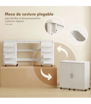 Mesa de Costura Plegable con 6 Ruedas 20 Clavijas para Hilos 4 Compartimentos Estante Blanco