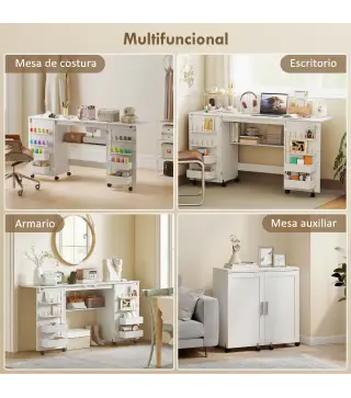 Mesa de Costura Plegable con 6 Ruedas 20 Clavijas para Hilos 4 Compartimentos Estante Blanco