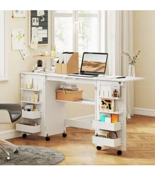 Mesa de Costura Plegable con 6 Ruedas 20 Clavijas para Hilos 4 Compartimentos Estante Blanco