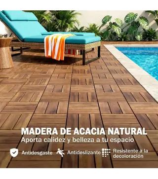 Set de 10 Piezas Baldosas de Exterior de Madera 31x31 cm 0,91 m² Suelo de Jardín Exterior Antideslizantes Marrón Oscuro