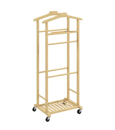 Galán de Noche de Bambú con Ruedas Colgadores Barras para Pantalones Bandeja y Zapatero 47x33,7x105,5 cm Natural