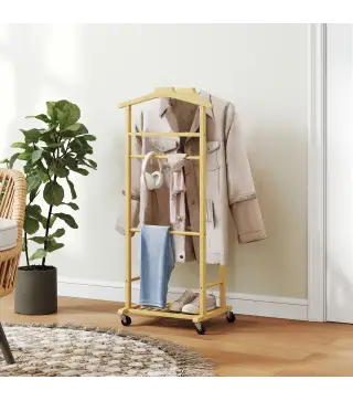 Galán de Noche de Bambú con Ruedas Colgadores Barras para Pantalones Bandeja y Zapatero 47x33,7x105,5 cm Natural