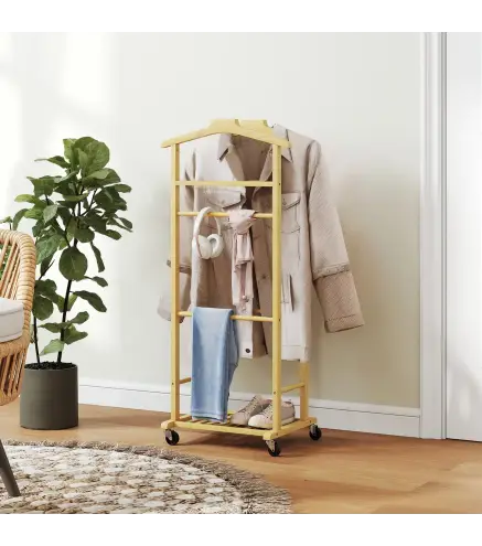 Galán de Noche de Bambú con Ruedas Colgadores Barras para Pantalones Bandeja y Zapatero 47x33,7x105,5 cm Natural