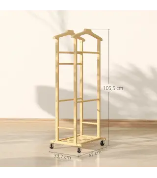 Galán de Noche de Bambú con Ruedas Colgadores Barras para Pantalones Bandeja y Zapatero 47x33,7x105,5 cm Natural