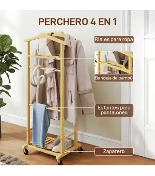 Galán de Noche de Bambú con Ruedas Colgadores Barras para Pantalones Bandeja y Zapatero 47x33,7x105,5 cm Natural